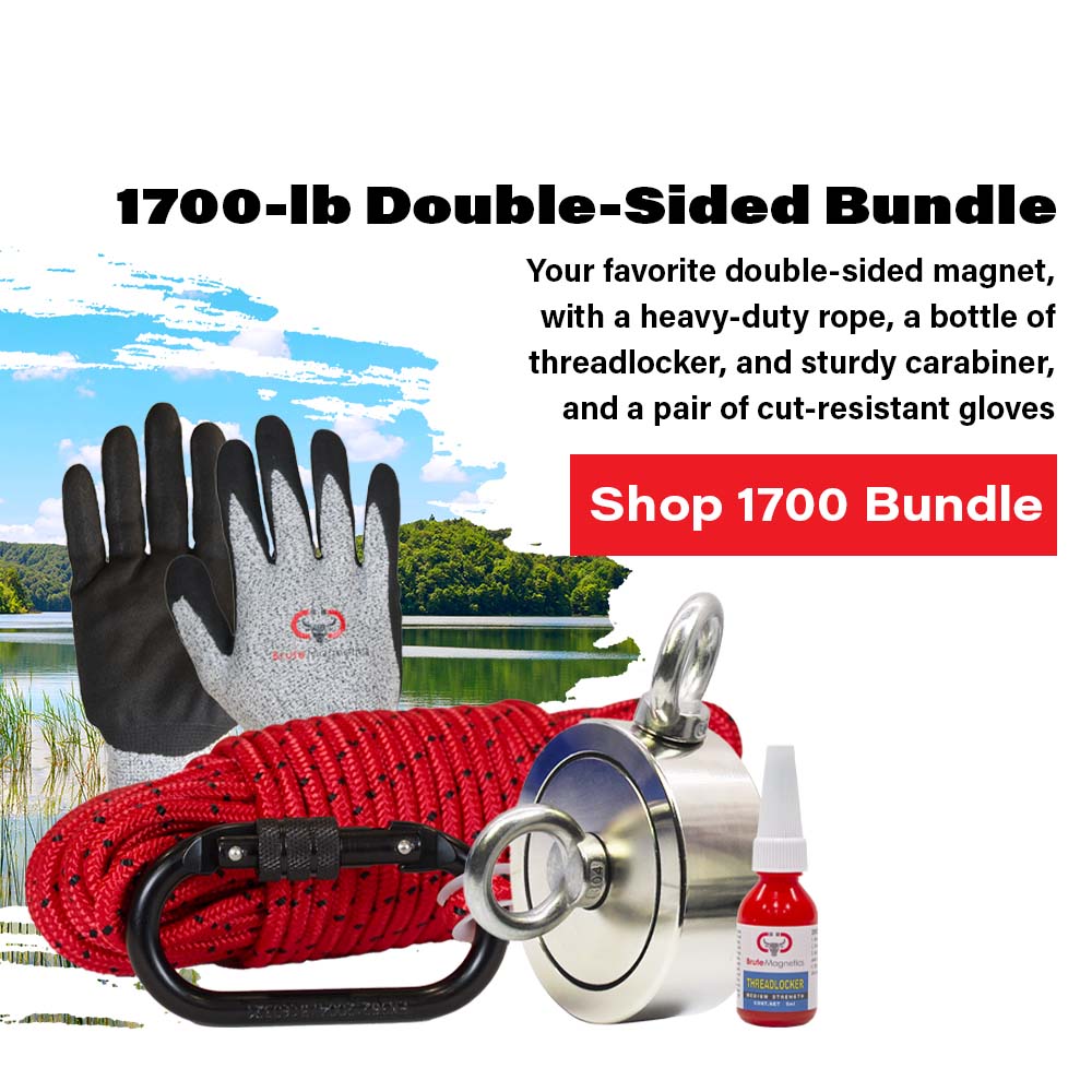 1700 Ib Double-Sided Bundle Your favorite double-sided magnet, with a heavy-duty rope, a bottle of threadlocker, and sturdy carabiner, and a pair of cut-resistant gloves 