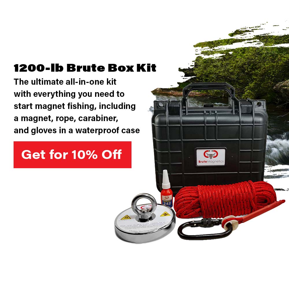  1200-1b Brute Box Kit The ultimate all-in-one kit with everything you need to start magnet fishing, including a magnet, rope, carabiner, and gloves in a waterproof case 