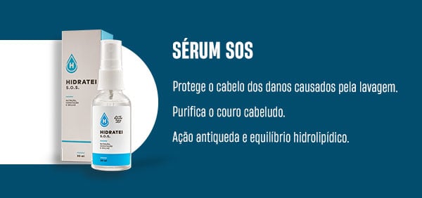 Sérum SOS. Protege o cabelo dos danos causados pela lavagem. Purifica o couro cabeludo. Ação antiqueda e equilíbrio hidrolipídico.