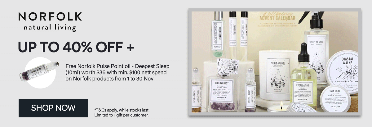 NORFOLK: UP TO 40% OFF + Free Norfolk Pulse Point oil - Deepest Sleep (10ml) worth $36