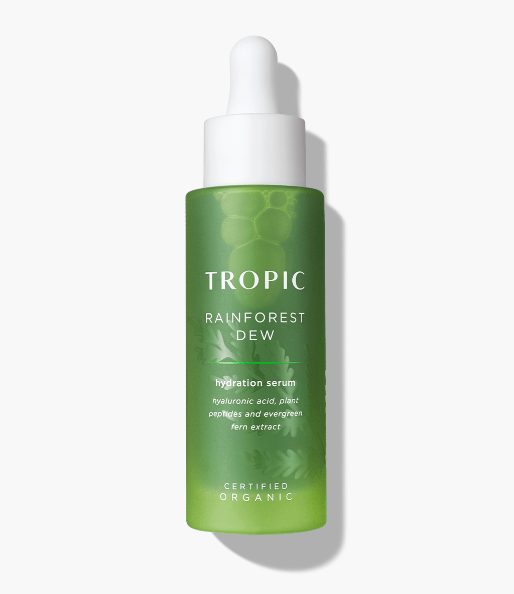 TROPIC RAINFOREST XDEW hration S hyaluronic acid, plant pepliges and evergreen GRS CERTIFIED ORGANIC 