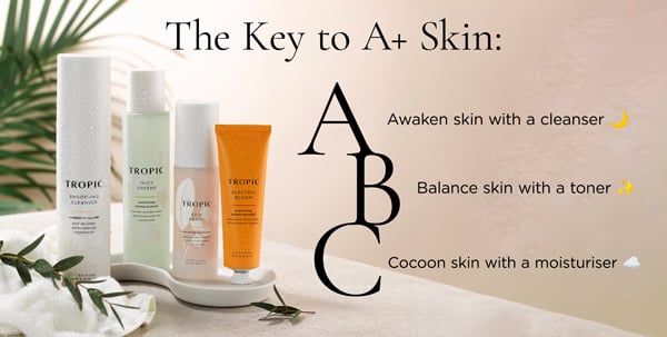 The Key to A Skin: Awaken skin with a cleanser Balance skin with a toner Cocoon skin with a moisturiser 